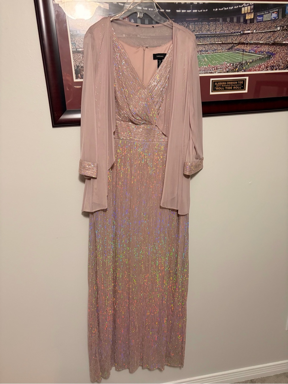 R&M Richards Rose Gold Sequin Maxi Dress with Sheer Jacket